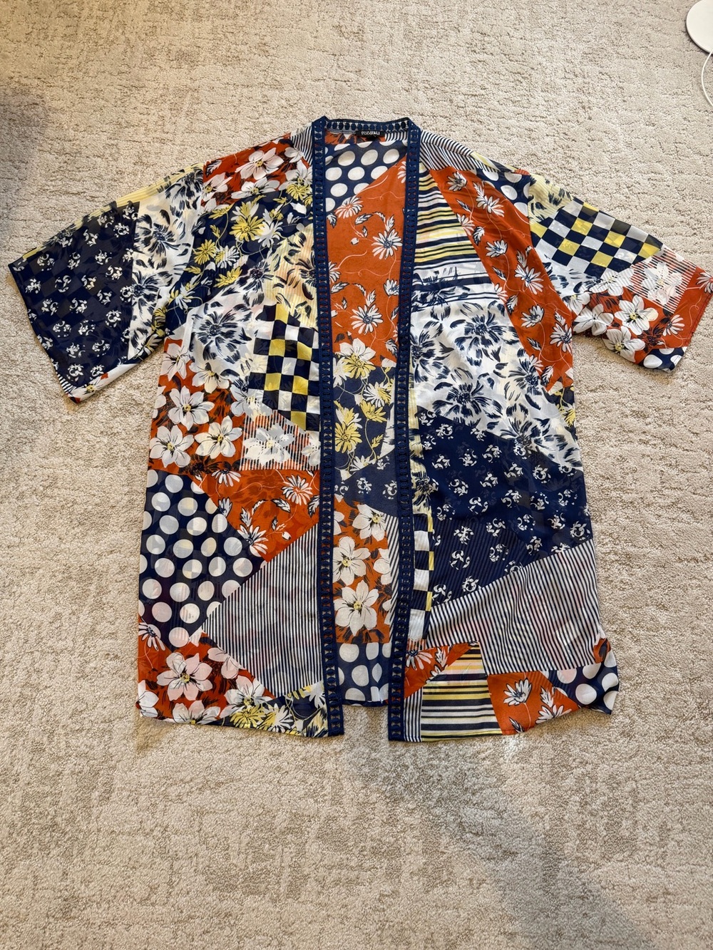 Roz & Ali Patchwork Floral Duster Overpiece - Navy, Rust & Yellow